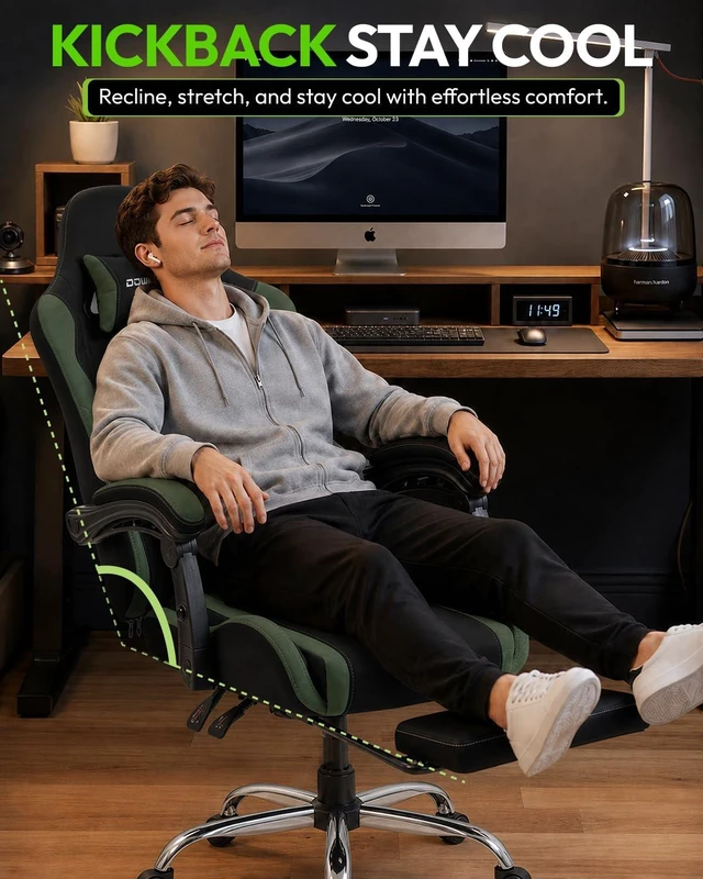 Alt view image 6 of 7 - Ergonomic Gaming Chair with Footrest & Massage Lumbar, 2D-Linkage Armrests for Computer Chair 330lbs with Headrest Pillow for Office, Home, Streaming and Long Gaming Sessions, Fabric Dark Green