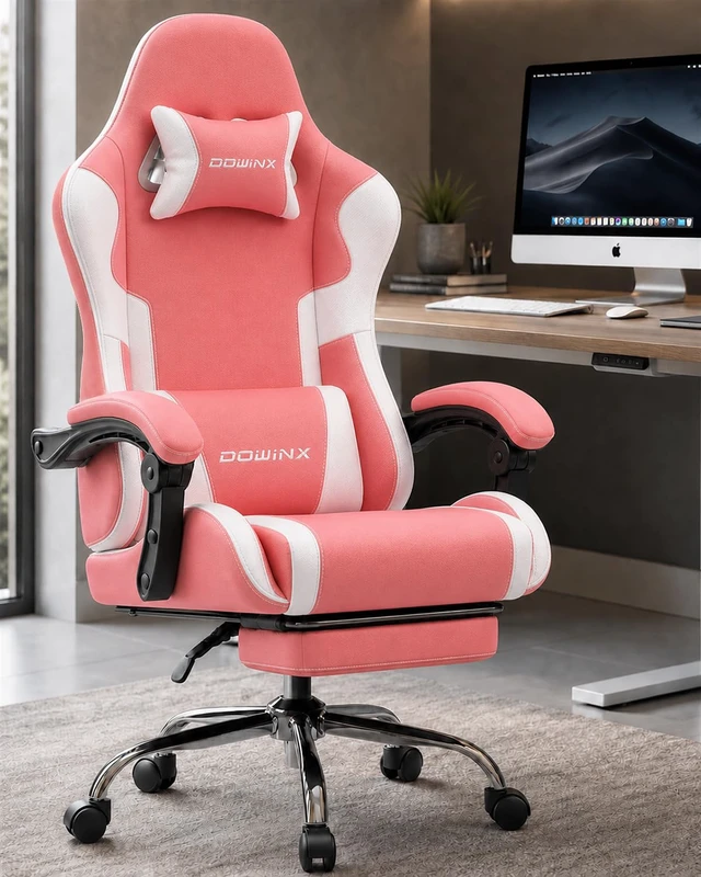 Alt view image 2 of 7 - Ergonomic Gaming Chair with Footrest & Massage Lumbar, 2D-Linkage Armrests for Computer Chair 330lbs with Headrest Pillow for Office, Home, Streaming and Long Gaming Sessions, Fabric Pink White