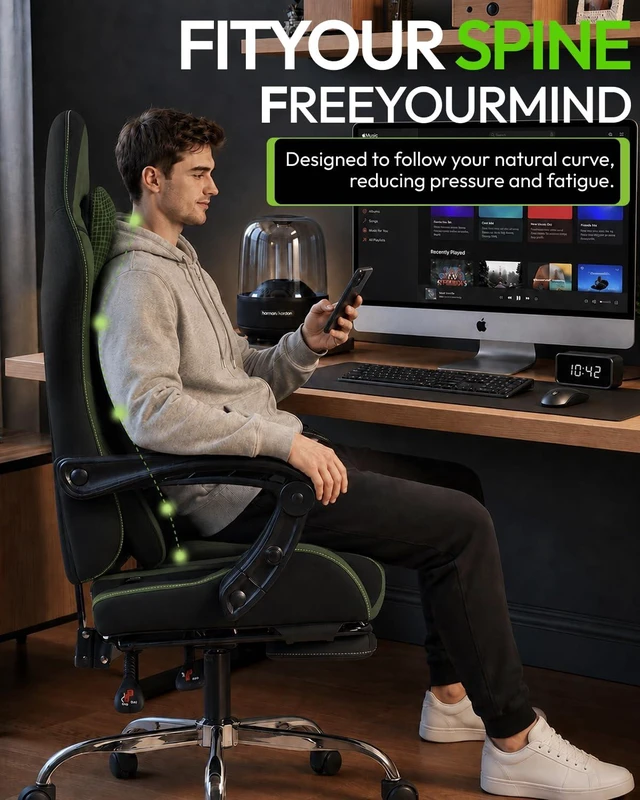 Alt view image 5 of 7 - Ergonomic Gaming Chair with Footrest & Massage Lumbar, 2D-Linkage Armrests for Computer Chair 330lbs with Headrest Pillow for Office, Home, Streaming and Long Gaming Sessions, Fabric Dark Green