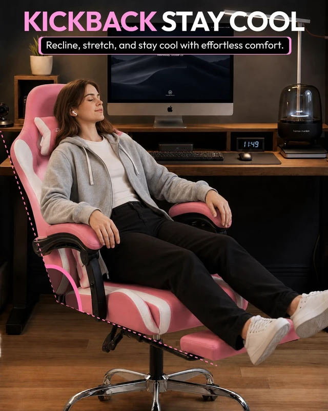 Alt view image 5 of 7 - Ergonomic Gaming Chair with Footrest & Massage Lumbar, 2D-Linkage Armrests for Computer Chair 330lbs with Headrest Pillow for Office, Home, Streaming and Long Gaming Sessions, Fabric Pink White