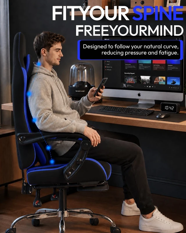 Alt view image 6 of 7 - Ergonomic Gaming Chair with Footrest & Massage Lumbar, 2D-Linkage Armrests for Computer Chair 330lbs with Headrest Pillow for Office, Home, Streaming and Long Gaming Sessions, Fabric Dark Blue