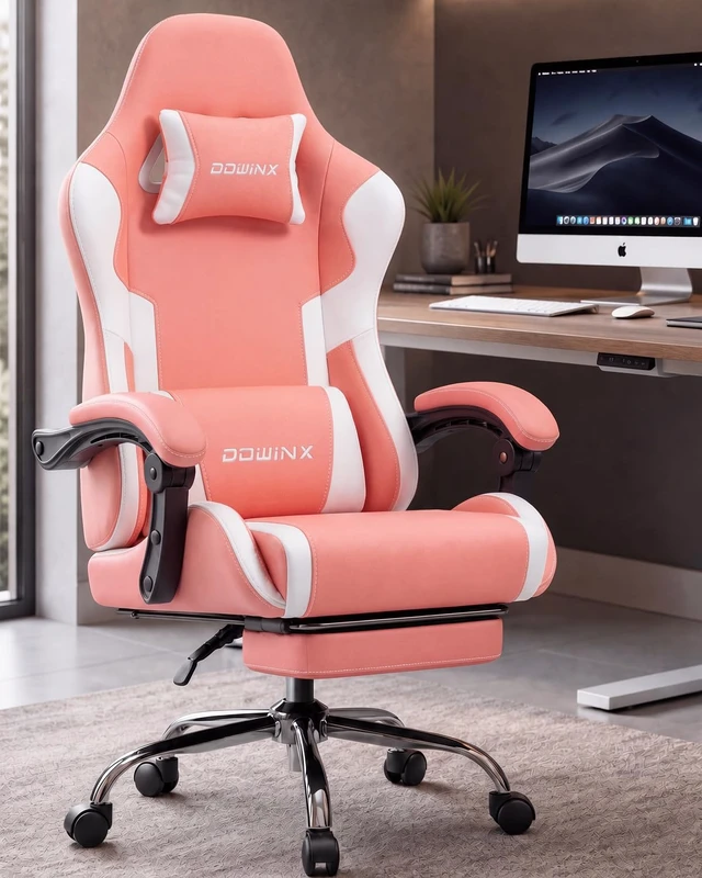 Alt view image 2 of 7 - Ergonomic Pink Gaming Chair with Footrest & Massage Lumbar, 2D-Linkage Armrests for Cute Aesthetic Esports Chair for Girls, Office, Home and Long Gaming Sessions, Pink