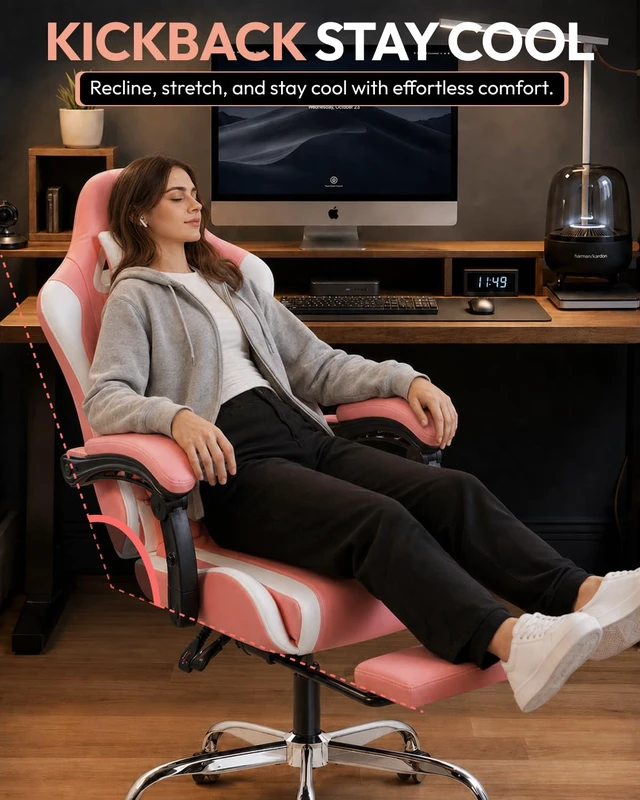 Alt view image 7 of 7 - Ergonomic Pink Gaming Chair with Footrest & Massage Lumbar, 2D-Linkage Armrests for Cute Aesthetic Esports Chair for Girls, Office, Home and Long Gaming Sessions, Pink