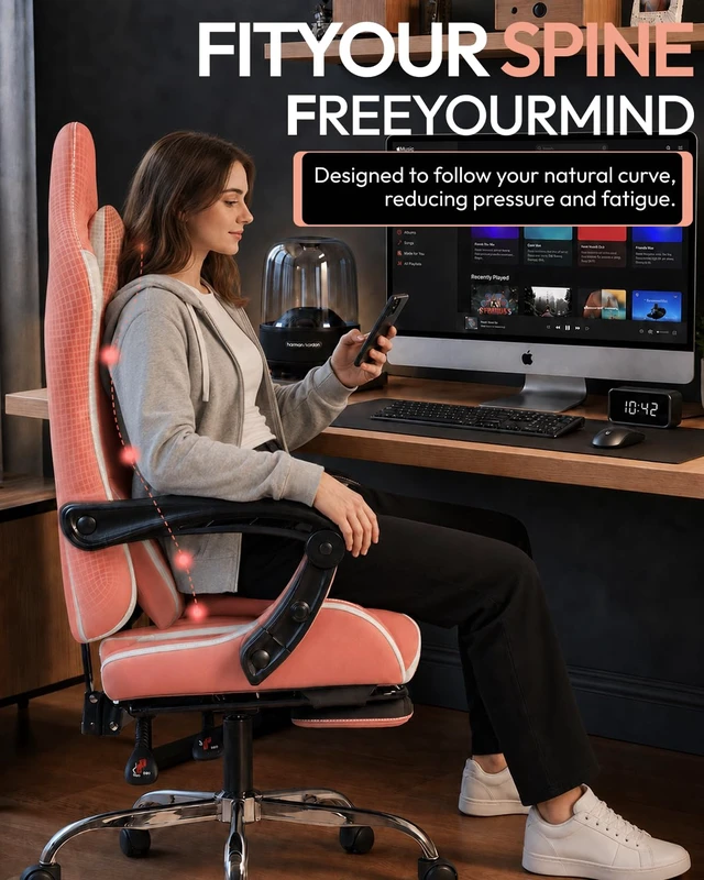 Alt view image 6 of 7 - Ergonomic Pink Gaming Chair with Footrest & Massage Lumbar, 2D-Linkage Armrests for Cute Aesthetic Esports Chair for Girls, Office, Home and Long Gaming Sessions, Pink