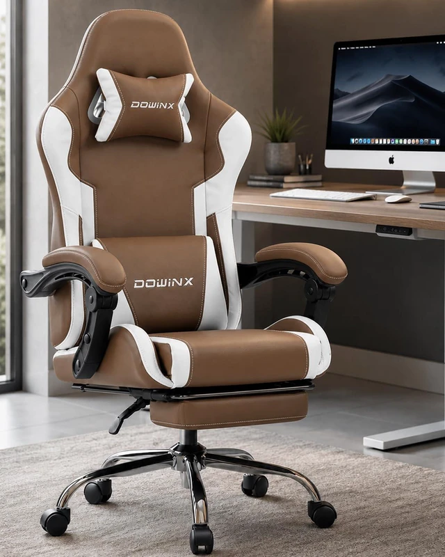 Alt view image 2 of 7 - Ergonomic Gaming Chair with Footrest & Massage Lumbar, 2D-Linkage Armrests for Computer Chair 330lbs with Headrest Pillow for Office, Home, Streaming and Long Gaming Sessions, Fabric Brown