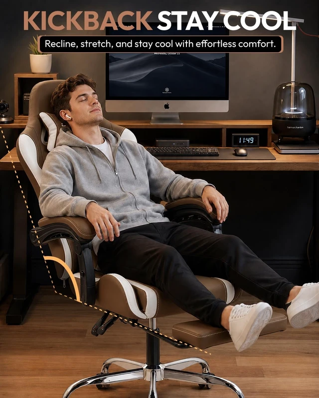 Alt view image 5 of 7 - Ergonomic Gaming Chair with Footrest & Massage Lumbar, 2D-Linkage Armrests for Computer Chair 330lbs with Headrest Pillow for Office, Home, Streaming and Long Gaming Sessions, Fabric Brown