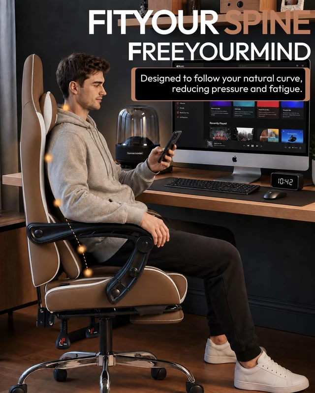 Alt view image 6 of 7 - Ergonomic Gaming Chair with Footrest & Massage Lumbar, 2D-Linkage Armrests for Computer Chair 330lbs with Headrest Pillow for Office, Home, Streaming and Long Gaming Sessions, Fabric Brown