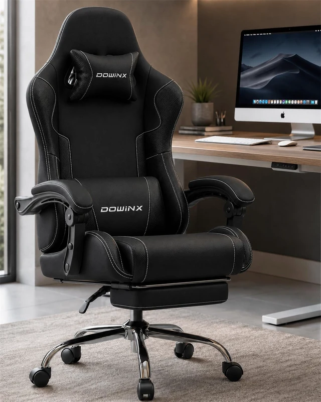 Alt view image 2 of 7 - Ergonomic Gaming Chair with Footrest & Massage Lumbar, 2D-Linkage Armrests for Computer Chair 330lbs with Headrest Pillow for Office, Home, Streaming and Long Gaming Sessions, Fabric Black
