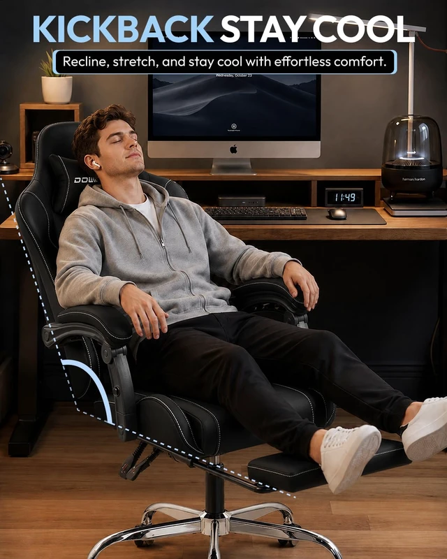 Alt view image 5 of 7 - Ergonomic Gaming Chair with Footrest & Massage Lumbar, 2D-Linkage Armrests for Computer Chair 330lbs with Headrest Pillow for Office, Home, Streaming and Long Gaming Sessions, Fabric Black