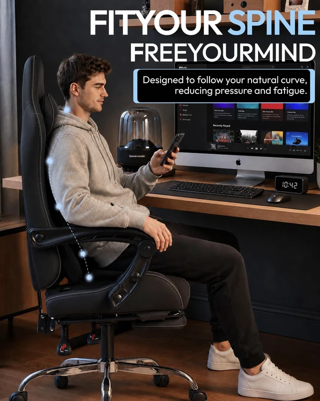 Alt view image 6 of 7 - Ergonomic Gaming Chair with Footrest & Massage Lumbar, 2D-Linkage Armrests for Computer Chair 330lbs with Headrest Pillow for Office, Home, Streaming and Long Gaming Sessions, Fabric Black