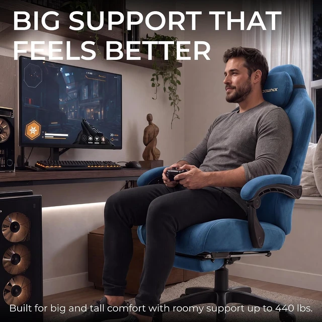 Alt view image 4 of 7 - Big and Tall Gaming Chair, Suede Fabric Game Chair with Pocket Spring Cushion, High Back Gamer Chair Ergonomic with Footrest for Adults Office, 440LBS, Blue