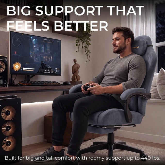 Alt view image 4 of 7 - Big and Tall Gaming Chair, Suede Fabric Game Chair with Pocket Spring Cushion, High Back Gamer Chair Ergonomic with Footrest for Adults Office, 440LBS, Grey