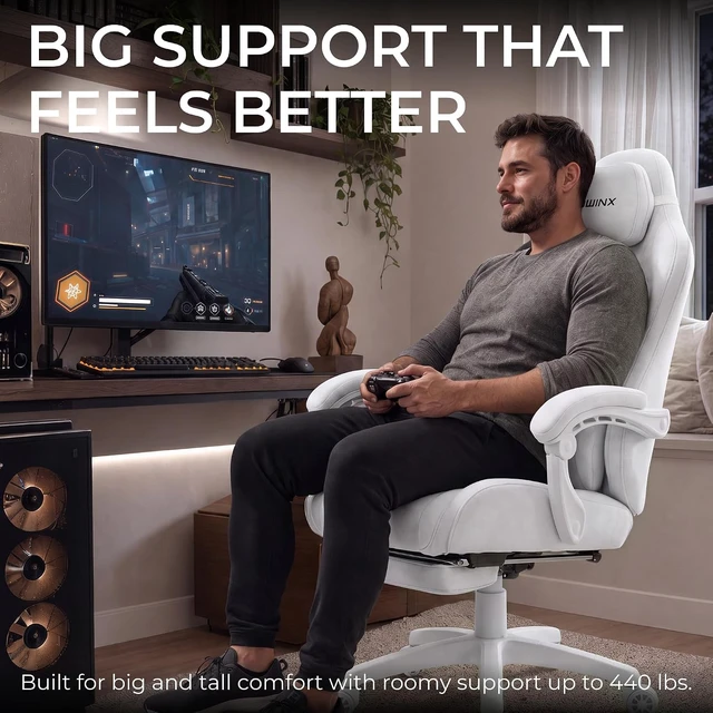 Alt view image 4 of 7 - Big and Tall Gaming Chair, Suede Fabric Game Chair with Pocket Spring Cushion, High Back Gamer Chair Ergonomic with Footrest for Adults Office, 440LBS, White