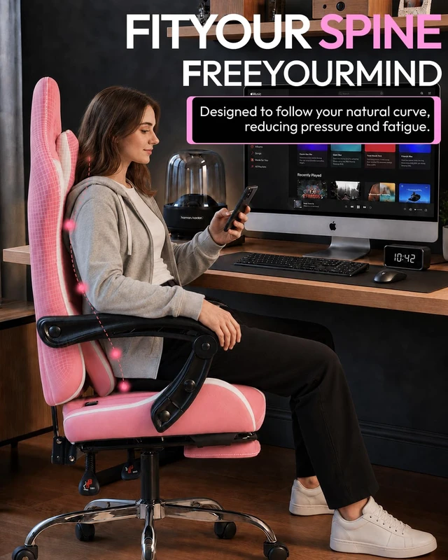 Alt view image 6 of 7 - Ergonomic Gaming Chair with Footrest & Massage Lumbar, 2D-Linkage Armrests for Computer Chair 330lbs with Headrest Pillow for Office, Home, Streaming and Long Gaming Sessions, Fabric Pink White