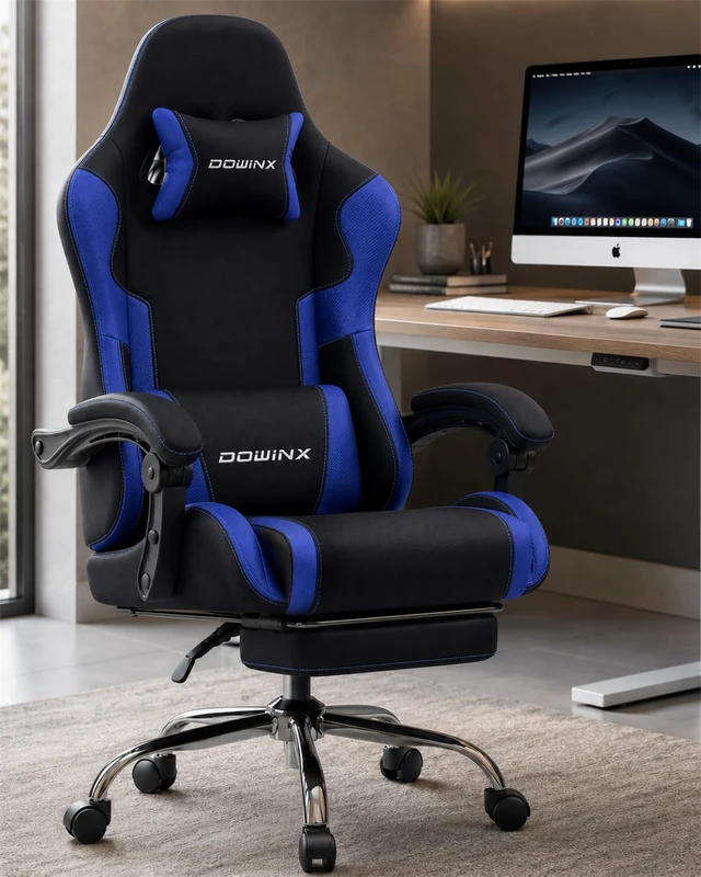 Alt view image 2 of 7 - Ergonomic Gaming Chair with Footrest & Massage Lumbar, 2D-Linkage Armrests for Computer Chair 330lbs with Headrest Pillow for Office, Home, Streaming and Long Gaming Sessions, Fabric Dark Blue