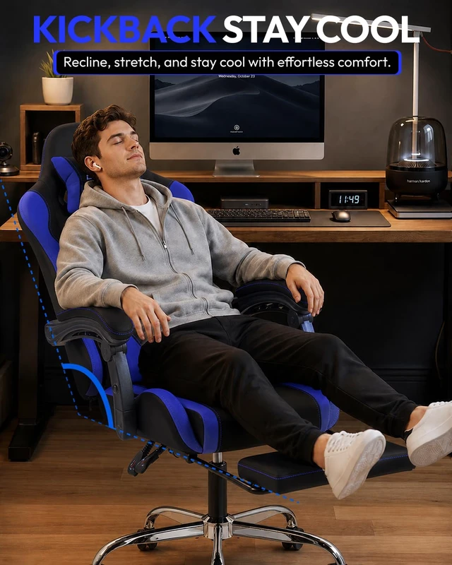 Alt view image 5 of 7 - Ergonomic Gaming Chair with Footrest & Massage Lumbar, 2D-Linkage Armrests for Computer Chair 330lbs with Headrest Pillow for Office, Home, Streaming and Long Gaming Sessions, Fabric Dark Blue