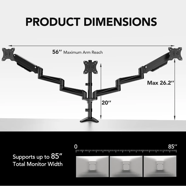 Alt view image 3 of 7 - Triple Monitor Mount for 17 to 32 inch Screens, Adjustment Gaming Triple Monitor Stand with Swivel, Tilt, Rotation, Clamp & Grommet Kit