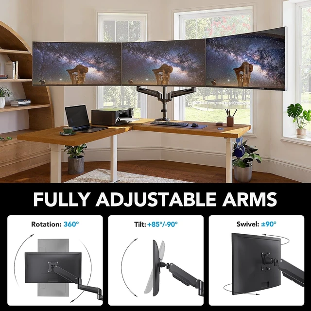 Alt view image 5 of 7 - Triple Monitor Mount for 17 to 32 inch Screens, Adjustment Gaming Triple Monitor Stand with Swivel, Tilt, Rotation, Clamp & Grommet Kit