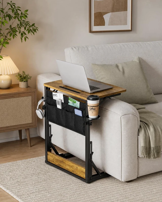Alt view image 2 of 7 - Adjustable TV Tray Table with Cup Holder, Storage Bag & Tablet Slot