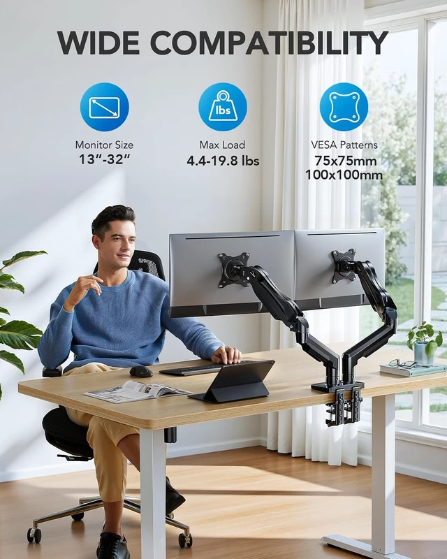 Alt view image 2 of 7 - FlowLift Dual Monitor Stand, Fully Adjustable Gaming Monitor Desk Mount for 1332 Computer Screens, Full Motion VESA 75x75/100x100 with C-Clamp & Grommet Base, Each Arm Holds 4.4 to 19.8 lbs