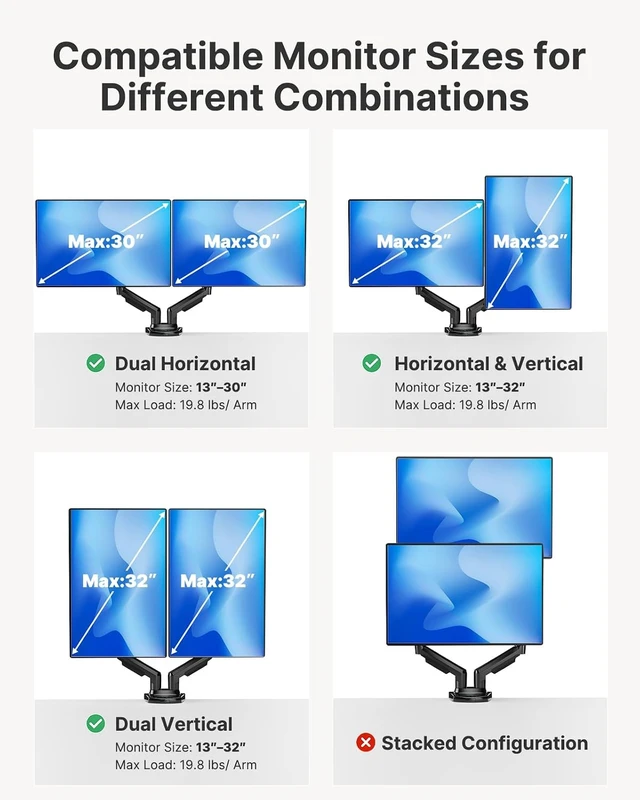 Alt view image 6 of 7 - FlowLift Dual Monitor Stand, Fully Adjustable Gaming Monitor Desk Mount for 1332 Computer Screens, Full Motion VESA 75x75/100x100 with C-Clamp & Grommet Base, Each Arm Holds 4.4 to 19.8 lbs