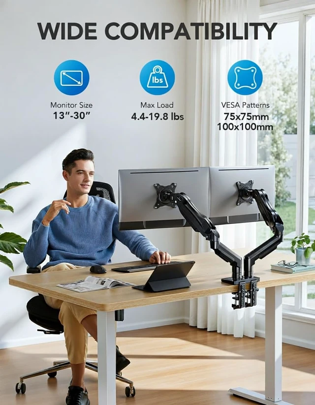 Alt view image 2 of 7 - FlowLift Dual Monitor Stand, Fully Adjustable Gaming Monitor Desk Mount for 1330 Computer Screens, Full Motion VESA 75x75/100x100 with C-Clamp & Grommet Base, Each Arm Holds 4.4 to 19.8 lbs
