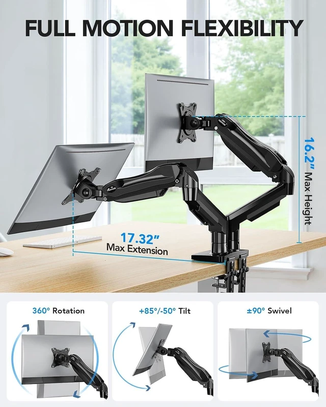 Alt view image 3 of 7 - Dual Monitor Stand, Fully Adjustable Gaming Monitor Desk Mount for 1327 Computer Screens, Full Motion VESA 75x75/100x100 with C-Clamp & Grommet Base, Each Arm Holds 4.4 to 19.8 lbs