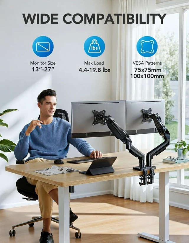 Alt view image 2 of 7 - Dual Monitor Stand, Fully Adjustable Gaming Monitor Desk Mount for 1327 Computer Screens, Full Motion VESA 75x75/100x100 with C-Clamp & Grommet Base, Each Arm Holds 4.4 to 19.8 lbs