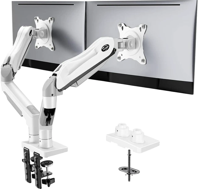 Main image of Dual Monitor Stand - Full Adjustable Monitor Desk Mount Swivel Vesa Bracket with C Clamp, Grommet Mounting Base for 13 to 32 Inch Computer Screens - Each Arm Holds 4.4 to 19.8lbs - White
