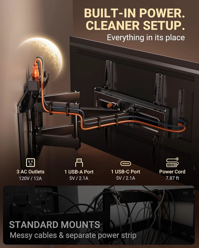 Alt view image 4 of 7 - Full Motion TV Wall Mount with Power Strip for 2774 Inch TVs