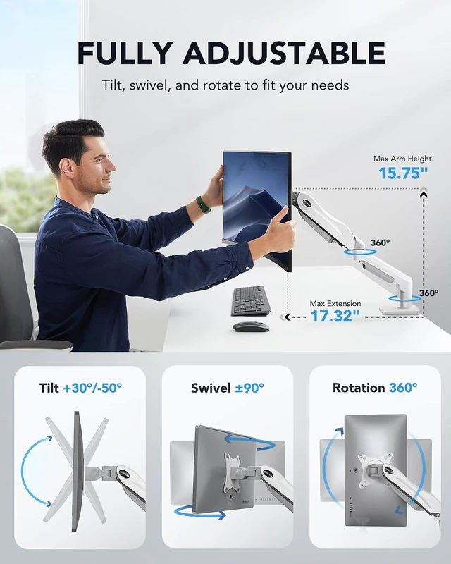 Alt view image 4 of 6 - Single Monitor Mount, 13 to 32 Inch Gas Spring Monitor Arm, Adjustable Stand, Vesa Mount with Clamp and Grommet Base - Fits 4.4 to 19.8lbs LCD Computer Monitors