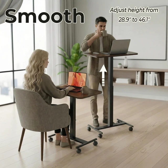 Alt view image 4 of 7 - Small Rolling Laptop Standing Desk, Height Adjustable Mobile T-Base Desk with Lockable Casters, Portable Sit-Stand Workstation for Bedside & Sofa, Walnut