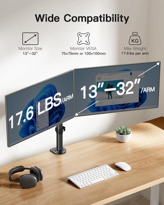Alt view image 2 of 7 - Dual Monitor Mount for 2 Monitors up to 32 inches, Heavy Duty Dual Monitor Stand Holds up to17.6lbs, Dual Monitor Arm with Height Adjustable Tilt Swive Rotate, VESA Hole 75mm or 100mm