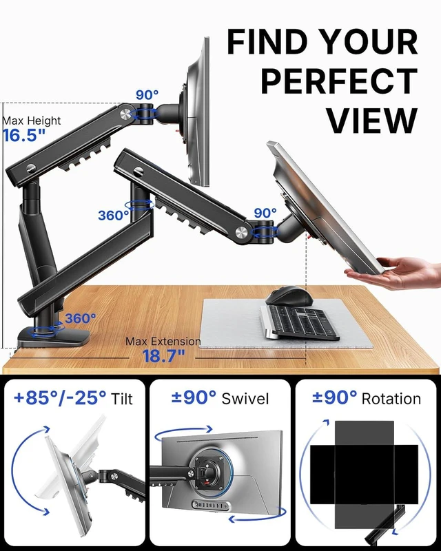 Alt view image 4 of 5 - FlowLift Pro Dual Monitor Mount for 1327" Screens, MechaSpring Monitor Stand, Adjustable Monitor Arms for 2 Monitors with Tilt/Swivel/Rotation, Tool-Free VESA Mount, Max Load 15.4 lbs