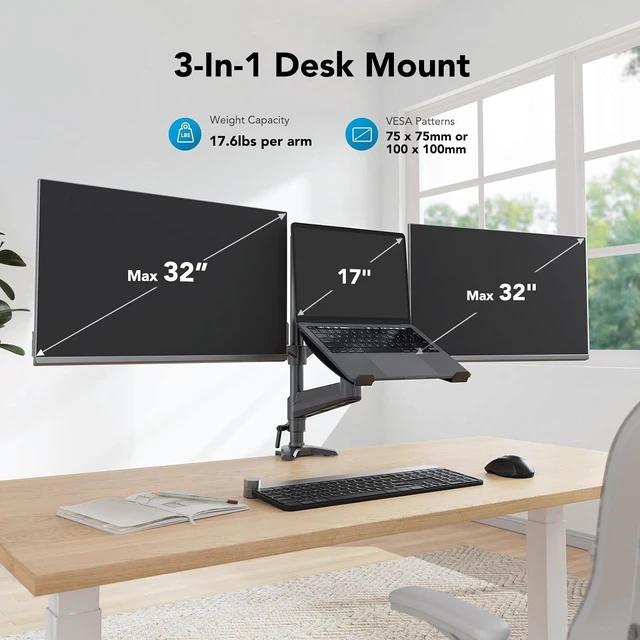 Alt view image 2 of 7 - Dual Monitor and Laptop Mount for Max 32 Monitor and 17 Laptop, Adjustable Arm with Tilt, Swivel and Rotation, Dual Monitor and Notebook Stand with VESA Bracket 75/100 mm