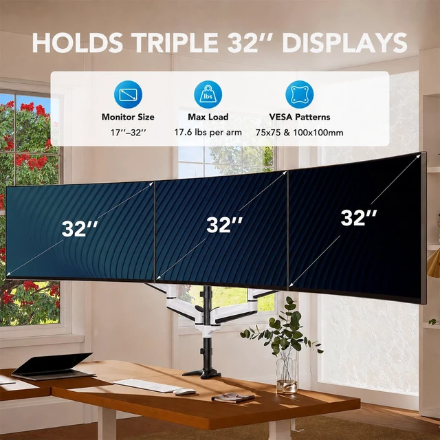 Alt view image 2 of 7 - Triple Monitor Stand - Full Motion Articulating Monitor Mount Fit Three 17 to 32 inch LCD Computer Screens with Clamp, Grommet Kit