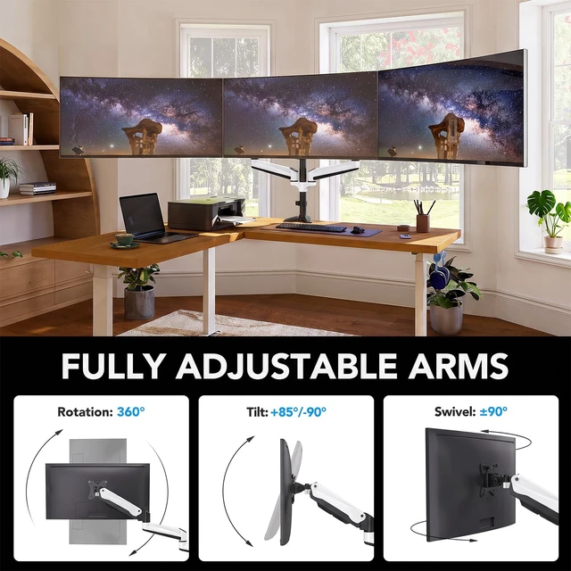 Alt view image 5 of 7 - Triple Monitor Stand - Full Motion Articulating Monitor Mount Fit Three 17 to 32 inch LCD Computer Screens with Clamp, Grommet Kit