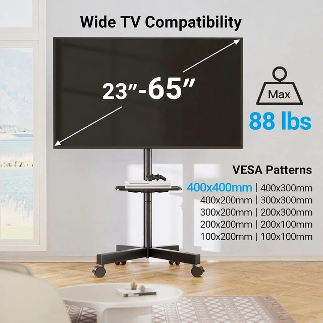 Alt view image 4 of 7 - Rolling TV Stand, Mobile TV Stands for 23-65 Inch LCD LED TVs, Tilt TV Stand Wheels Holds up to 88Lbs, Portable Outdoor TV Cart for Bedroom with Shelf, Max VESA 400x400mm PSTVMC06