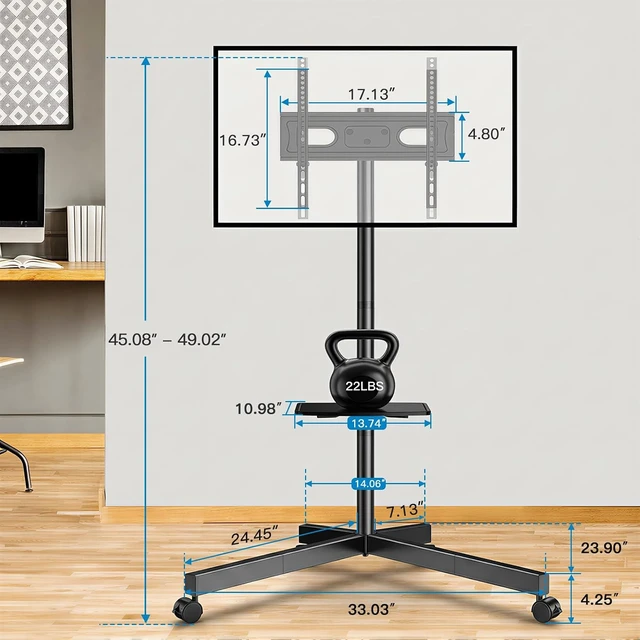 Alt view image 7 of 7 - Rolling TV Stand for 26-65 Inch TVs up to 88 lbs, Mobile Outdoor TV Stand with Shelf & Large Base, Tilt TV Stand with Wheels, Portable TV Cart for Bedroom, Max VESA 400x400mm, PSTVMC06B-B
