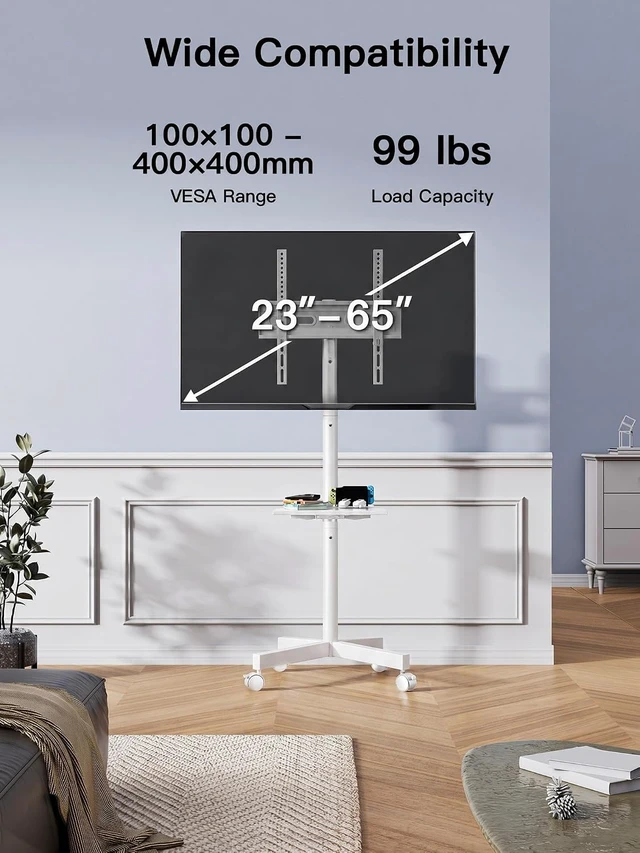 Alt view image 2 of 7 - Rolling White TV Stand for 2365 Inch TVs up to 99 lbs, Portable TV Stand on Wheels with Height Adjustable Shelf, Outdoor Mobile White TV Cart for Bedroom, Max VESA 400x400mm, PSTVMC04W
