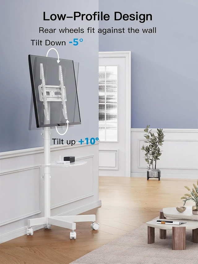 Alt view image 3 of 7 - Rolling White TV Stand for 2365 Inch TVs up to 99 lbs, Portable TV Stand on Wheels with Height Adjustable Shelf, Outdoor Mobile White TV Cart for Bedroom, Max VESA 400x400mm, PSTVMC04W