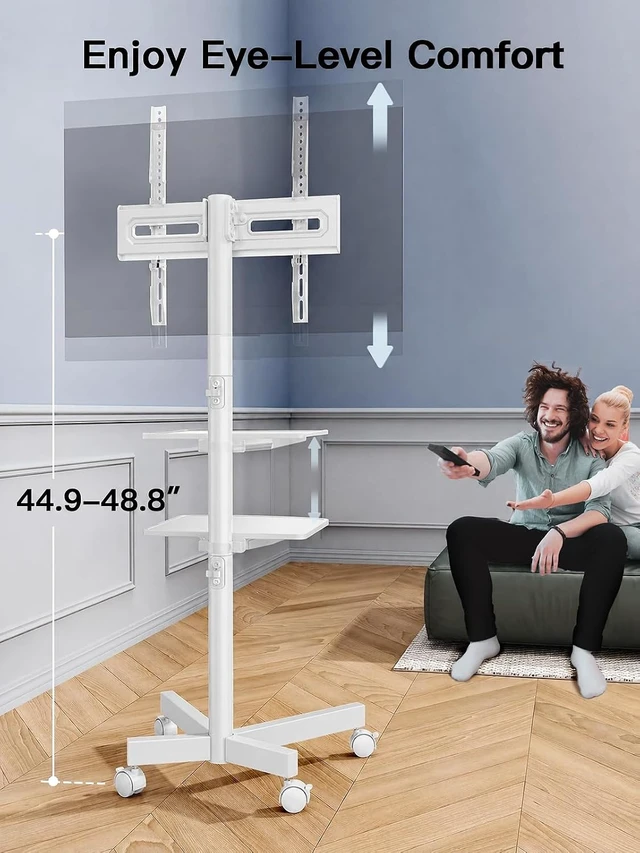 Alt view image 4 of 7 - Rolling White TV Stand for 2365 Inch TVs up to 99 lbs, Portable TV Stand on Wheels with Height Adjustable Shelf, Outdoor Mobile White TV Cart for Bedroom, Max VESA 400x400mm, PSTVMC04W