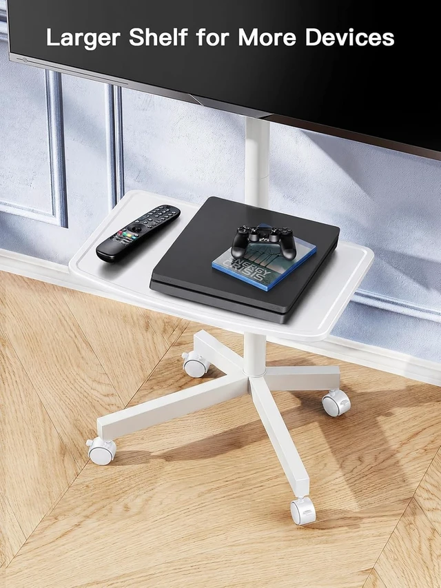 Alt view image 6 of 7 - Rolling White TV Stand for 2365 Inch TVs up to 99 lbs, Portable TV Stand on Wheels with Height Adjustable Shelf, Outdoor Mobile White TV Cart for Bedroom, Max VESA 400x400mm, PSTVMC04W