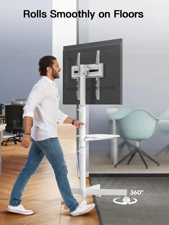 Alt view image 7 of 7 - Rolling White TV Stand for 2365 Inch TVs up to 99 lbs, Portable TV Stand on Wheels with Height Adjustable Shelf, Outdoor Mobile White TV Cart for Bedroom, Max VESA 400x400mm, PSTVMC04W
