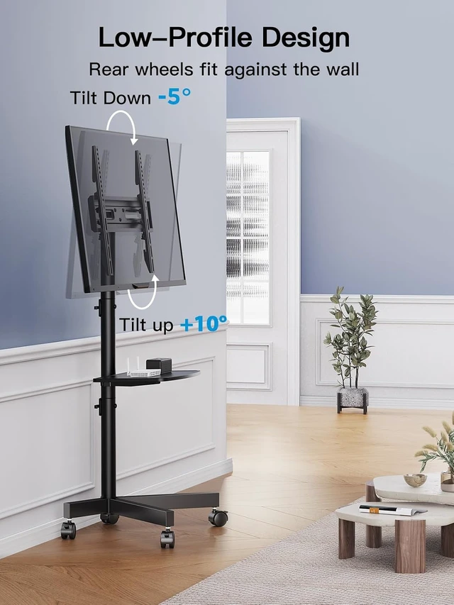Alt view image 6 of 7 - Rolling TV Stand on Wheels for 23-65 Inch TVs,Tilt Mobile TV Cart Holds up to 99 lbs with Adjustable Height Shelf, Outdoor TV Stand for Bedroom Max VESA 400x400mm PSTVMC04