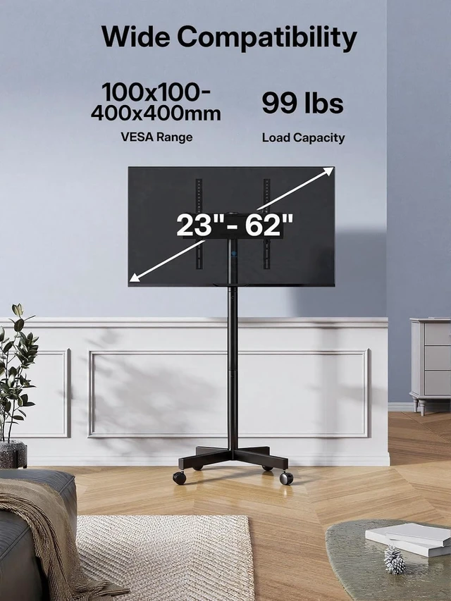 Alt view image 2 of 7 - Rolling TV Stand for 2362 Inch TVs, Outdoor Mobile TV Cart Holds up to 99 lbs, Portable TV Stand on Wheels for Bedroom and Living Room, Max VESA 400x400mm, PSTVMC04B-B