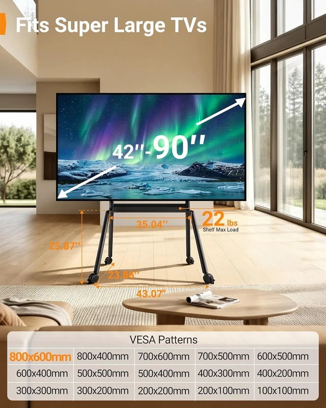 Alt view image 2 of 7 - Rolling TV Stand for 4290 TVs up to 220 lbs, Four Leg Heavy Duty TV Stand with Lockable Wheels, Outdoor Height Adjustable Mobile TV Cart with Anti-Drop Shelf, Max VESA 800x600mm, PGTVC45B
