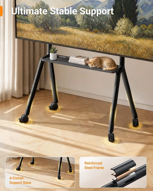 Alt view image 4 of 7 - Rolling TV Stand for 4290 TVs up to 220 lbs, Four Leg Heavy Duty TV Stand with Lockable Wheels, Outdoor Height Adjustable Mobile TV Cart with Anti-Drop Shelf, Max VESA 800x600mm, PGTVC45B