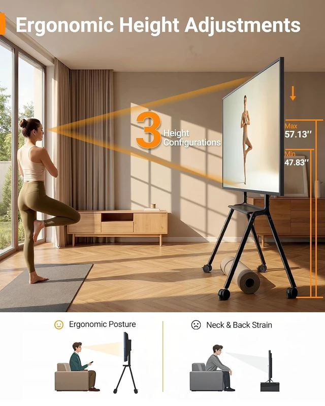 Alt view image 7 of 7 - Rolling TV Stand for 4290 TVs up to 220 lbs, Four Leg Heavy Duty TV Stand with Lockable Wheels, Outdoor Height Adjustable Mobile TV Cart with Anti-Drop Shelf, Max VESA 800x600mm, PGTVC45B