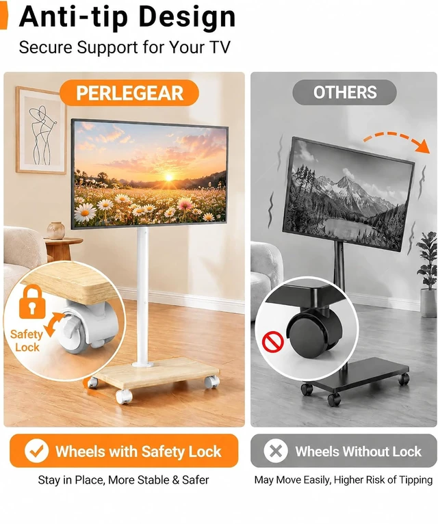 Alt view image 3 of 7 - Rolling TV Stand with Wheels for 32-60 Inch TVsWooden Base